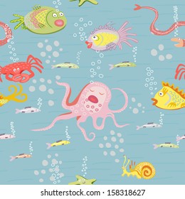 Seamless pattern of sea underwater world and its inhabitants