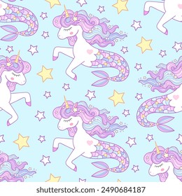 Seamless pattern with a sea unicorn with a rainbow mane and stars. Theme of summer, fun and magic. For children's fabric design, wallpaper, backdrops, wrapping paper, prints, posters, scrapbooking and