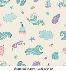 Seamless pattern with sea and vacation doodles