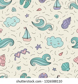 Seamless pattern with sea and vacation doodles