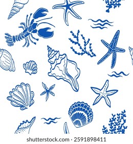 Seamless pattern of sea vibe items. Starfish, lobster, coral, sea shell, waves retro marine texture all over print.