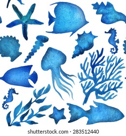 Seamless pattern with sea watercolor vector elements collection blue silhouette on white background