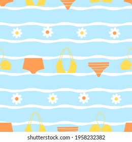 Seamless pattern with sea wave, daisy flower and swimsuit background vector illustration.