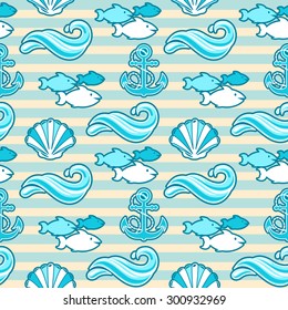 Seamless pattern with sea wave, fish and archer icons over striped background
