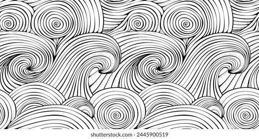 Seamless Pattern with Sea Waves. Adult Coloring book page. Hand-drawn swirls, ringlets , Van Gogh Sky. Doodle, vector, zentangle design element