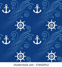 Seamless pattern with sea waves, anchor and steering wheel