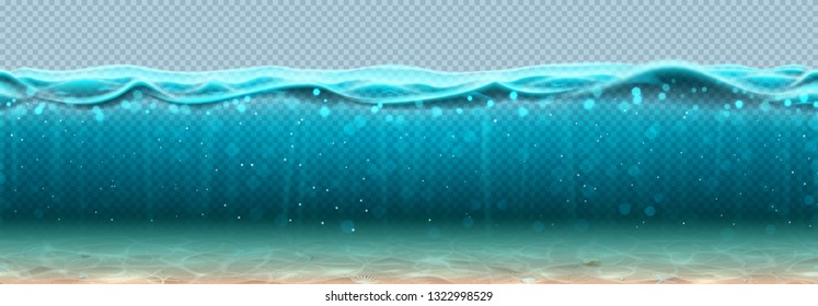 Seamless pattern with sea waves and bottom. Vector illustration. Realistic deep underwater ocean scene with seashells. Banner with horizontal transparent water surface.