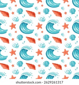 Seamless pattern with sea waves, shells and starfish on white background. Cartoon design for summer products and decor