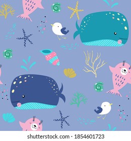 Seamless pattern with sea world dwellers, cute underwater creatures and  gulls. Vector childish design for fashionable clothes, fabrics, textiles, nursery decoration, pasting and wallpaper.


