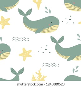 Seamless pattern of sea world with whales, starfish and corals. Vector illustration for printing on fabrics, banners, postcards, packaging paper. Cute baby background.