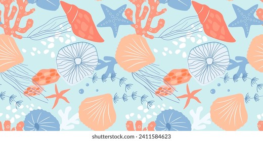 Seamless pattern with seabed. Abstract silhouettes of shells, jellyfish, starfish, algae. Vector graphics.