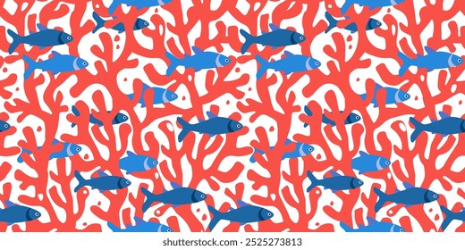 Seamless pattern with seabed. Print with fishes on a background of rich corals. Vector graphics.