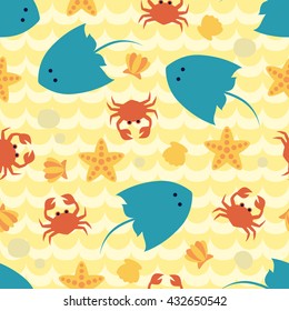 Seamless pattern with seabed view. For cards, invitations, baby shower albums, wallpapers, backgrounds, scrapbooks. Art vector Illustration. 