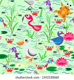 Seamless pattern of seabirds - flamingos, arthropods, fish and marsh plants. This is a set of illustrations of stylized birds, marine animals of aquatic plants that are present in habitats of waterfow