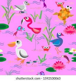 Seamless pattern of seabirds - flamingos, arthropods, fish and marsh plants. This is a set of illustrations of stylized birds, marine animals of aquatic plants that are present in habitats of waterfow