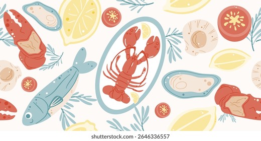 Padrão contínuo de fundo de frutos do mar com lagosta, peixe, limão e ervas. Projeto de cozinha de verão mediterrâneo para menu ou banner.