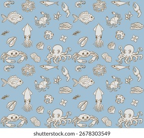 Seamless Pattern Seafood Blue Line Vector