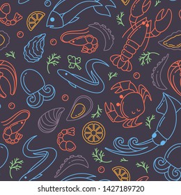 Seamless pattern with seafood colorful elements in linear style. Suitable for wallpaper, wrapping or textile