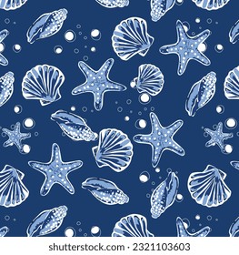 Seamless pattern with seafood elements in blue tones. vector design for fabric printing