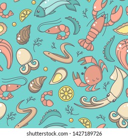 Seamless pattern with seafood elements in cartoon style. Suitable for wallpaper, wrapping or textile