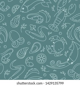 Seamless pattern with seafood elements in linear style. Suitable for wallpaper, wrapping or textile