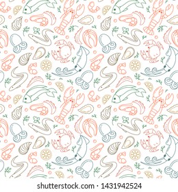 Seamless Pattern With Seafood Elements. Linear Style Vector Illustration. Suitable For Wallpaper, Wrapping Or Textile