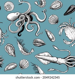 Seamless pattern with seafood elements in woodcut style and pastel delicate colors, mollusks, octopus and crabs.