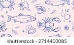 Seamless pattern with seafood fish, lobster, shrimp, crab, oysters, lemons, and herbs in blue ink on light background for restaurant branding, packaging, menus, kitchen decor, textile design. Vector 