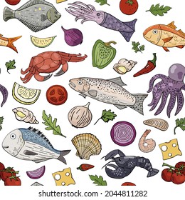 Seamless pattern with seafood and fish on the white background. Hand drawn ocean fish collection. Vector seafood collection. For cafe and menu restaraunts.