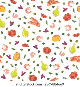 Seamless pattern with seafood. Fresh restaurant delicacies, Italian food, olive oil, shrimp, bacon and tomato. Decor textile, wrapping paper, wallpaper design. Print for fabric. Vector concept