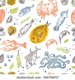 Seamless pattern with seafood. Hand drawn vector illustration. 