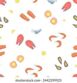 Seamless pattern Seafood icons elements. Vector illustration of sea delicacies and sea cuisine.