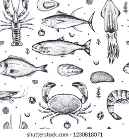 Seamless pattern with seafood isolated on white background. Realistic hand-drawn tuna, crab, lobster, salmon, oyster, mussel, dorado, shrimp, squid. Vector. Idea of wrapping paper or wallpaper.