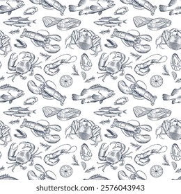 Seamless pattern with seafood in line art style
