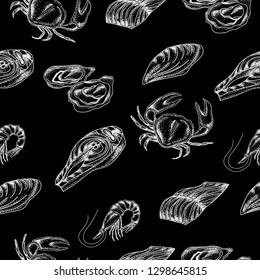 Seamless pattern with seafood on black background.