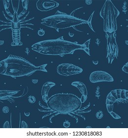 Seamless pattern with seafood on blue background. Hand-drawn tuna, crab, lobster, salmon, oyster, mussel, dorado, shrimp, squid. Vector. Idea of menu element.