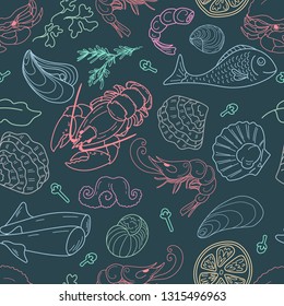 Seamless pattern with seafood on a dark background: lobster, shrimp, fish, oyster, mussel, shell, lemon, clove, tarragon, parsley, Bay leaf. Vector