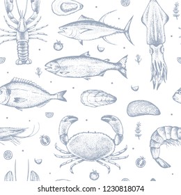 Seamless pattern with seafood on white background. Hand-drawn realistic tuna, crab, lobster, salmon, oyster, mussel, dorado, shrimp, squid. Vector.