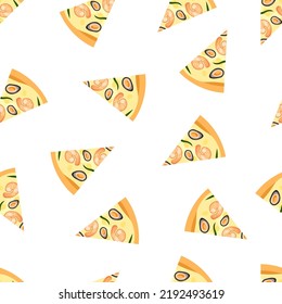 Seamless pattern of seafood pizza slices. Seafood pizza background