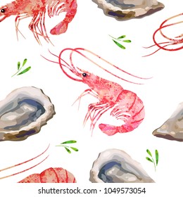 Seamless pattern seafood. Prawns and oysters watercolor illustration.