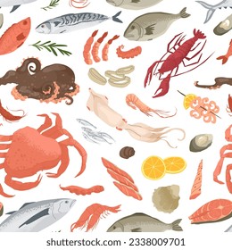 Seamless pattern with seafood products. Fresh fish, crab, lobster and shrimps. Concept for fish farms and food markets. Food rich in protein. Vector illustration isolated on white background.