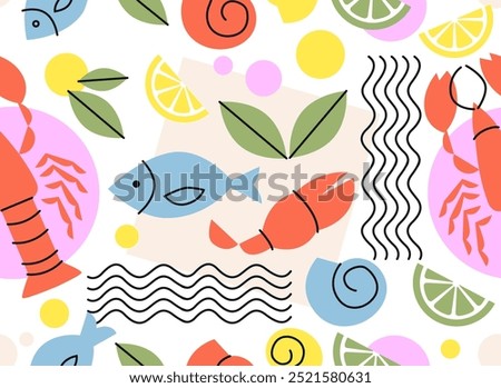 Seamless pattern with seafood. Repeating design element for printing on fabric. Crabs, shrimps and fish with lemon slices. Traditional oriental cuisine. Linear vector illustration