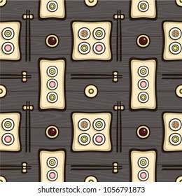 Seamless pattern with seafood rolls. Top view vector illustration on wooden table background. Set of japan traditional food. Design for menu, logo and sushi bar.