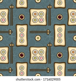 Seamless pattern with seafood rolls. Top view vector illustration on floral background. Set of japan traditional food. Design for menu, logo and sushi bar.