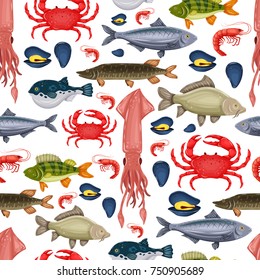 Seamless pattern seafood set with crab, fish, mussel and shrimp isolated on white background. Design for restaurant menu, market. Marine creatures in flat style - vector illustration