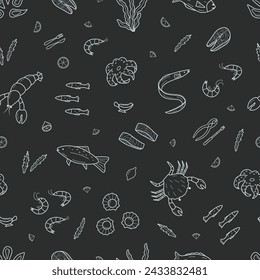 Seamless pattern Seafood set of doodle icons. Vector illustration of seafood and cuisine background wallpaper.