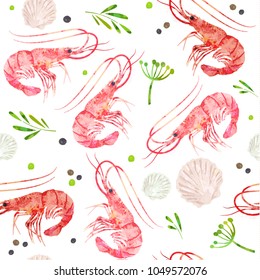 Seamless pattern seafood. Shrimps, shells and spicy herbs watercolor illustration.