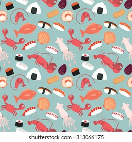 Seamless pattern of seafood and sushi.