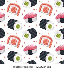 Seamless pattern with seafood sushi on a white background. Colorful food background, restaurant menu, vector