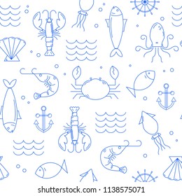 Seamless pattern with seafood in thin line